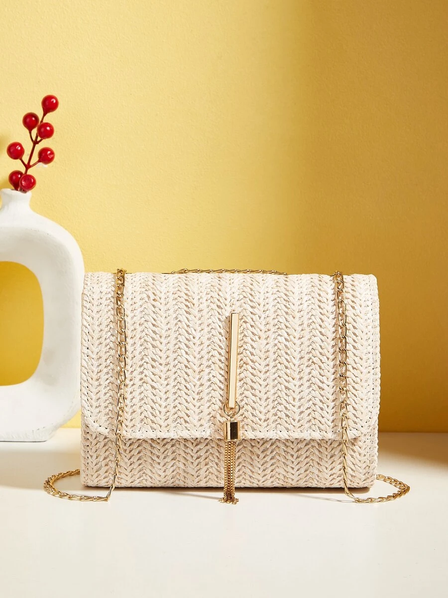 Ladies' Woven Crossbody Bag With Flap, Chain, Metal Tassel And Shoulder Strap - Khaki - View 1