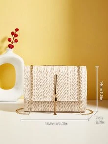 Ladies' Woven Crossbody Bag With Flap, Chain, Metal Tassel And Shoulder Strap - Khaki - View 6