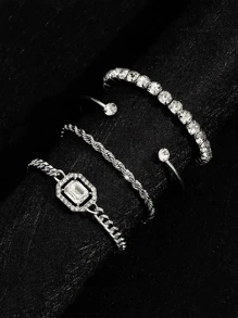 4 piezas/set Brazalete estilo punk con diamante de imitación girante Brazaletes para mujeres - Plateado - Ver 2