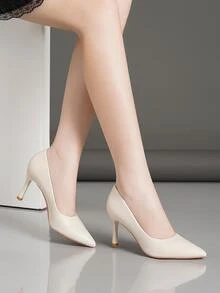 女士时尚细跟高跟鞋裸色尖头性感法式低跟女童高跟鞋 - 杏色 - 查看 3