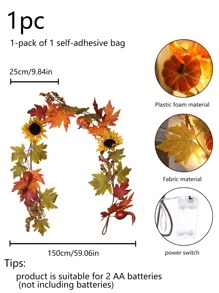 1入組led燈光芯的人工落葉花環,特色向日葵、南瓜、楓葉爬藤在枯枝藤上,電池供電,適用於家庭花園戶外門廊前門牆壁裝飾 - 均碼 - 查看 3