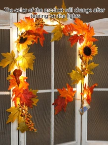1入組led燈光芯的人工落葉花環,特色向日葵、南瓜、楓葉爬藤在枯枝藤上,電池供電,適用於家庭花園戶外門廊前門牆壁裝飾 - 均碼 - 查看 5