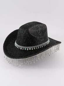 1pc [black] Fringed Rhinestone Decor Shiny Stage Sunshade Western Cowboy Hat, Suitable For Daily Use - Black - View 1