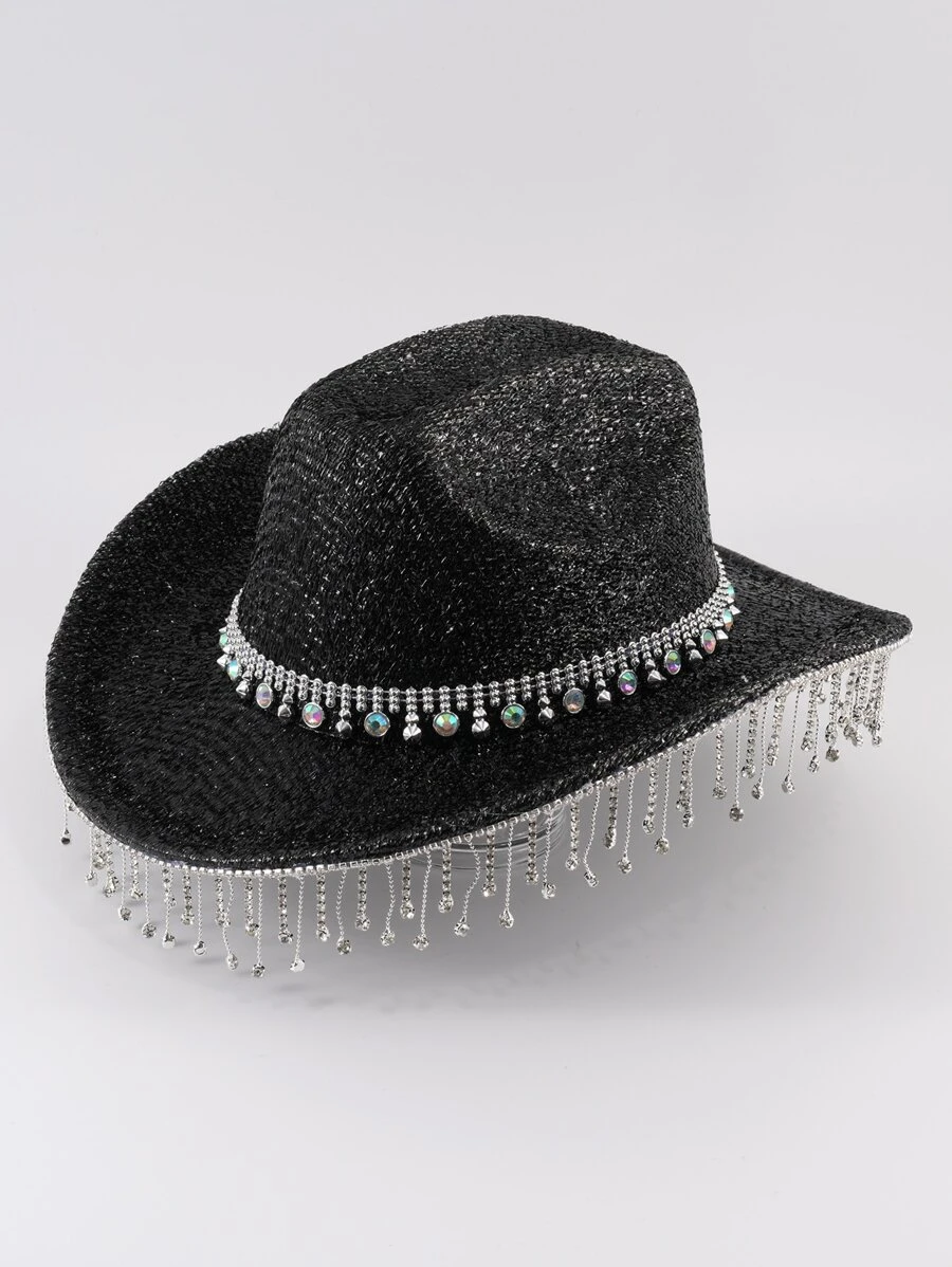 1pc [black] Fringed Rhinestone Decor Shiny Stage Sunshade Western Cowboy Hat, Suitable For Daily Use - Black - View 1