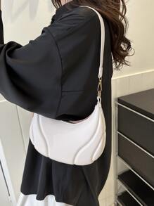 1pc Embossed White Pu Fashion Solid Color Small Shoulder Bag Suitable For Daily Use Minimalist Solid Color Bag All-Match Textured Crescent Bag Women's All-Match Underarm Bag For Daily Use - Beige - View 4