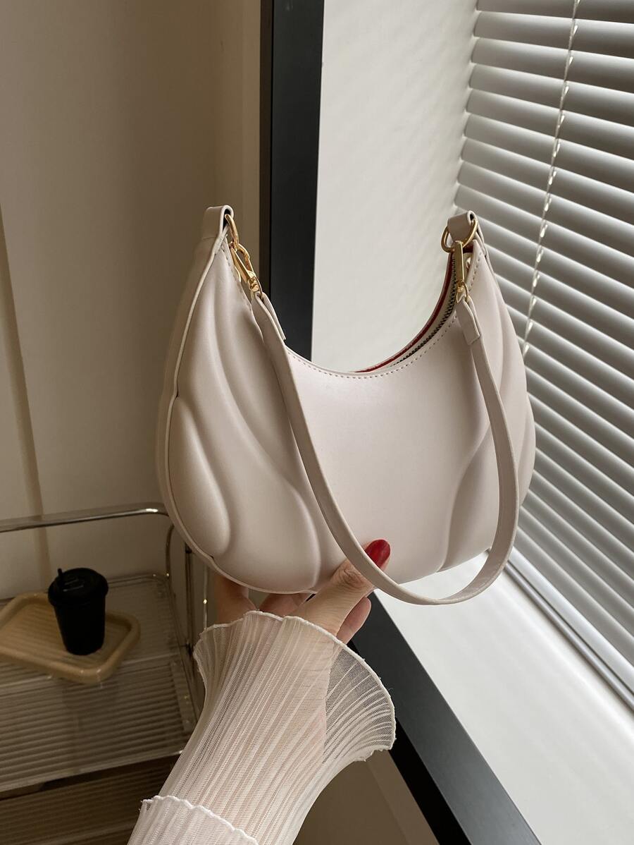 1pc Embossed White Pu Fashion Solid Color Small Shoulder Bag Suitable For Daily Use Minimalist Solid Color Bag All-Match Textured Crescent Bag Women's All-Match Underarm Bag For Daily Use - Beige - View 1