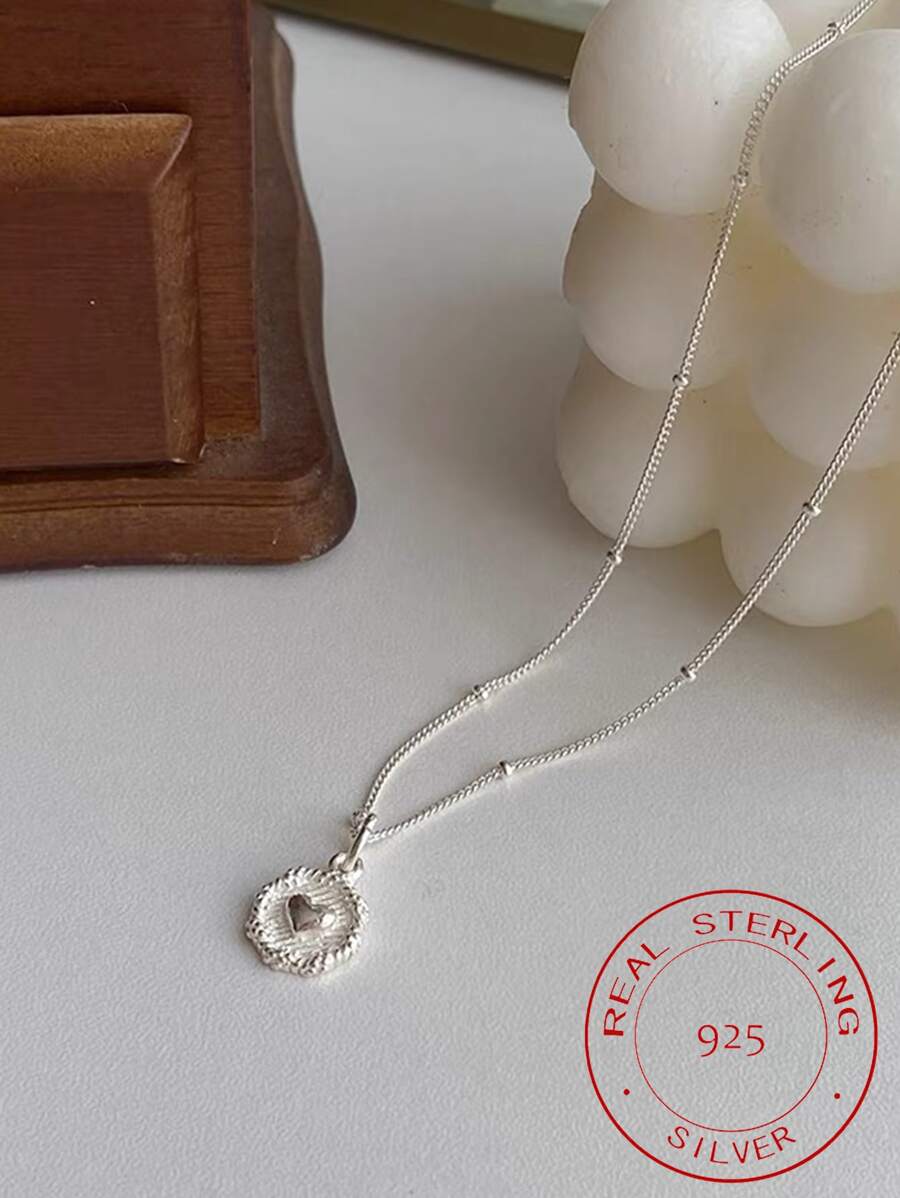 1pc Silver S925 Heart & Circle Pendant Chain Necklace For Women, Street Style Luxury Jewelry Gift - Silver - View 1