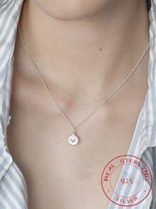 1pc Silver S925 Heart & Circle Pendant Chain Necklace For Women, Street Style Luxury Jewelry Gift - Silver - View 2