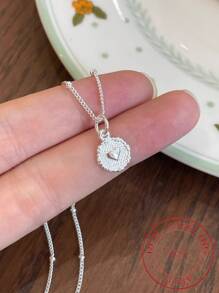1pc Silver S925 Heart & Circle Pendant Chain Necklace For Women, Street Style Luxury Jewelry Gift - Silver - View 5