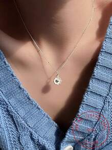 1pc Silver S925 Heart & Circle Pendant Chain Necklace For Women, Street Style Luxury Jewelry Gift - Silver - View 3