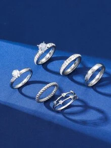 Hihho Bộ 6 nhẫn nữ đính đá Cubic Zirconia thời trang & cổ điển đính đá lớn hình ngôi sao hoa đơn giản kiểu tròn làm quà tặng tiệc - Bạc - Xem 1