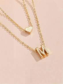 1pc Double-Layered Heart & Letter Pendant Necklace, Simple & Fashionable Accessory For Daily Wear
