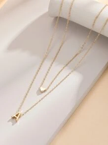 1pc Double-Layered Heart & Letter Pendant Necklace, Simple & Fashionable Accessory For Daily Wear