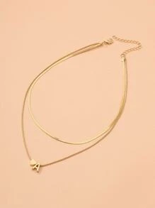 1個圓形和平面蛇紋疊加簡約時尚的雙層心形和字母組合吊墜項鍊,適合日常佩戴