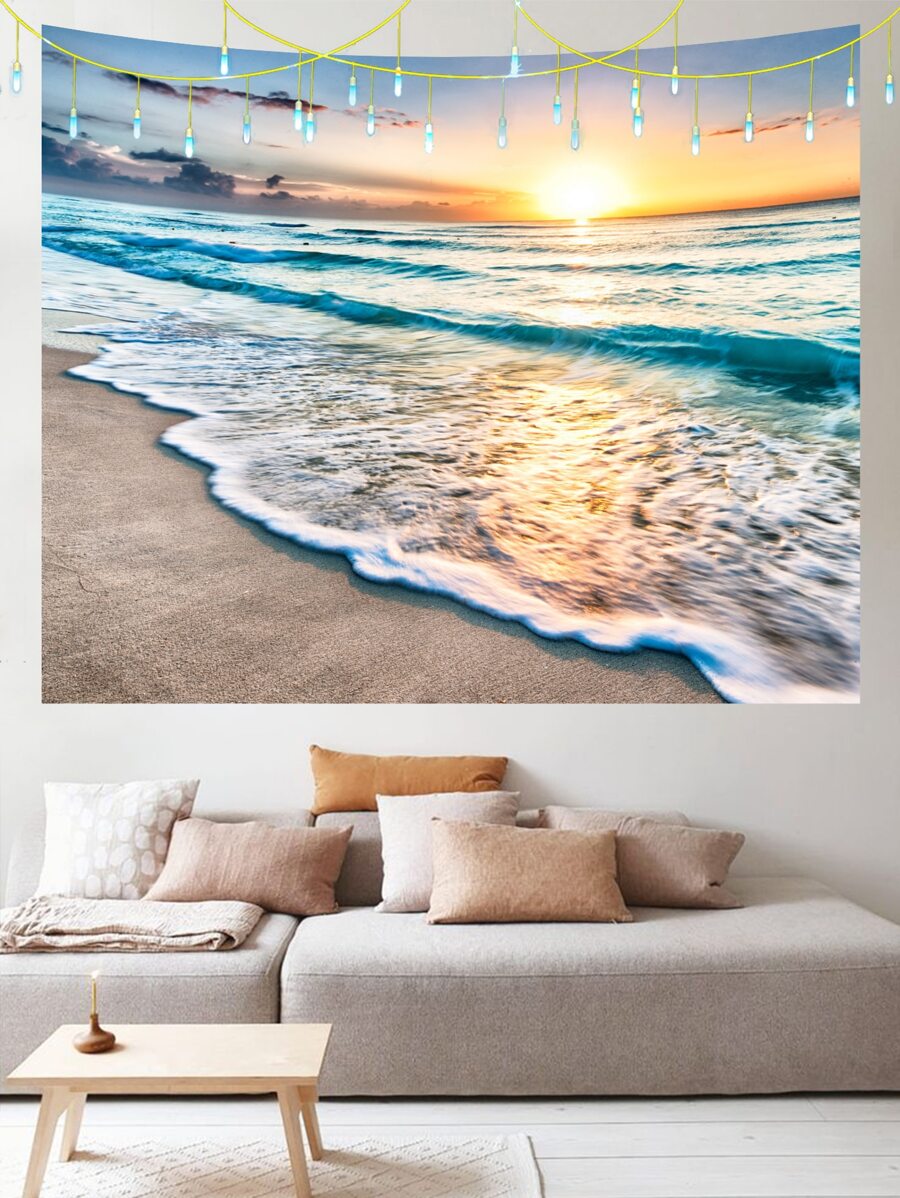 1入組陽光海灘印花滌綸桃皮掛毯，現代纖維壁掛海報，適合臥室美學，免費安裝套件，易於懸掛 - 彩色 - 查看 1