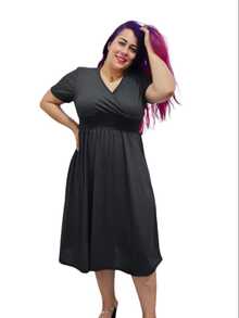 VESTIDO DE MUJER CON CUELLO V, CON ELASTICO BAJO EL PECHO - Gris Oscuro - Ver 1
