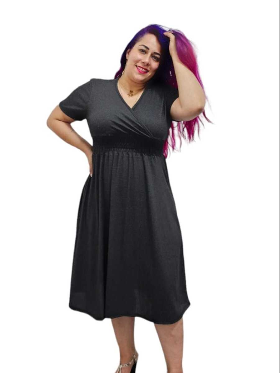 VESTIDO DE MUJER CON CUELLO V, CON ELASTICO BAJO EL PECHO - Gris Oscuro - Ver 1