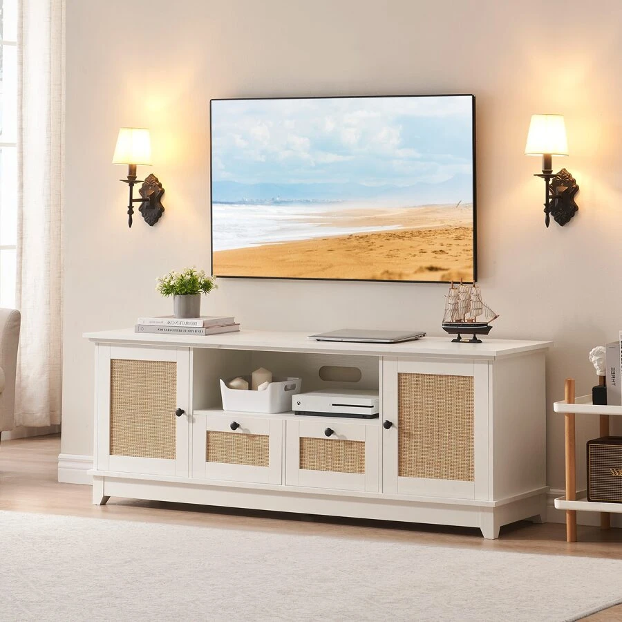 Rattan TV Stand for 65 inch TV,Console Table with Storage for Living Room,Entertainment Center Cabinet 63 x 16 x 23 inches,Mid Century Modern Wood TV Stand (Brown & White) - màu nâu - Xem 1