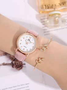2入組時尚青少年女士皮帶12數字學生手錶配手鍊 - 粉色 - 查看 3