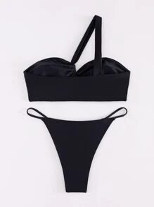 Conjunto de bikini de dos piezas para mujer con unicolor, diseño de un solo hombro y estilo de conjunto de bikini de alta gama para la playa de verano - Negro - Ver 7