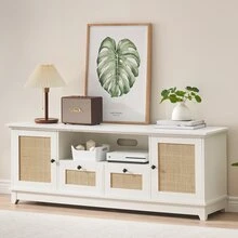 Rattan TV Stand for 65 inch TV,Console Table with Storage for Living Room,Entertainment Center Cabinet 63 x 16 x 23 inches,Mid Century Modern Wood TV Stand (Brown & White) - màu nâu - Xem 3