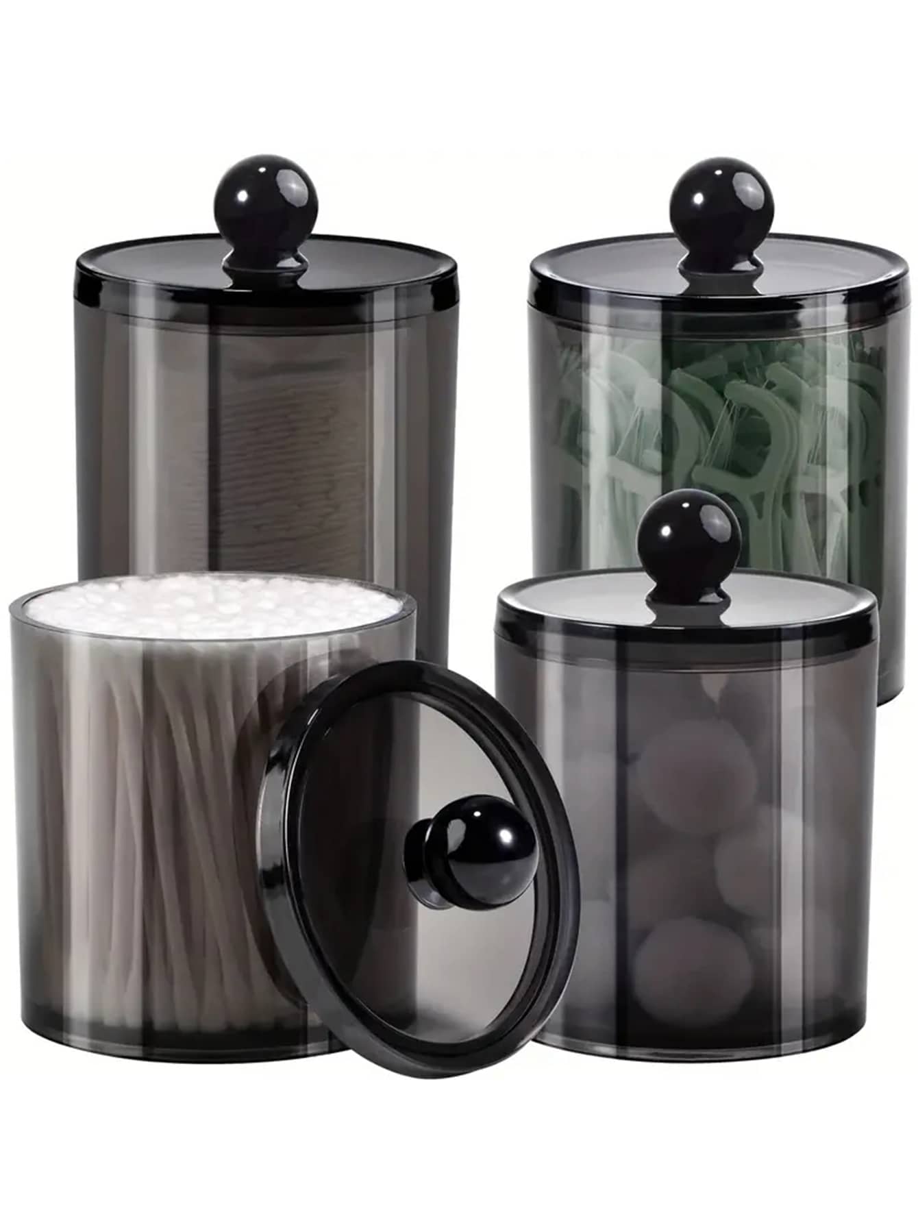 10 盎司黑色和透明塑膠藥劑師罐套裝，適用於球、棉花棒、墊和牙線鎬，輕鬆整理您的浴室和梳妝台 - 黑色 - 查看 1