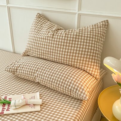 Latte Check Polyester Pillowcase Set Soft Neutral Beige Gingham Bedding Cover 48x74cm 50x75cm 20x30in For Bedroom Decor