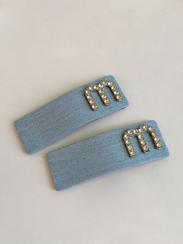 2pcs Women's Blue Metal M Letter Rhinestone Jeans Fabric Simple & Cool Side Hair Clips Elegant,Gold Head Piece Claw Clips Hair Claws Hair Barrettes