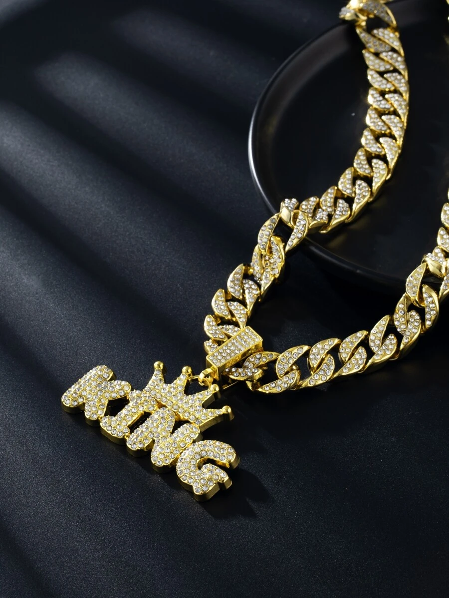 1 件金项链全钻 KING 字母吊坠 FEEL STYLE 男式链条迈阿密项链 18k 金银钻石切割不锈钢链男士 13 毫米冰晶嘻哈珠宝万圣节 - 金黃色 - 查看 1