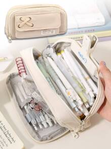 1個米色大容量筆袋 - 便攜式化妝包,適合辦公室和學校用品的禮物,適用於青少年,男孩,女孩,男人,女人 - 成人文具組織者 - 米色 - 查看 1