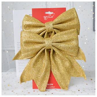 2入組紅色的金色閃閃發光金屬亮絲聖誕蝴蝶結聖誕樹裝飾用品手工製作聖誕懸掛裝飾物