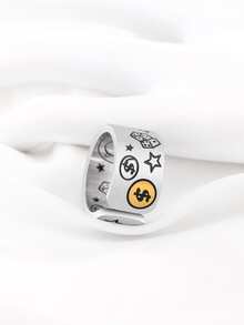 1pc Creative Fashionable Stainless Steel Graffiti Dice, Star & Emoji Design Open Wide Face Ring For Men Party Accessories - Purple - View 4