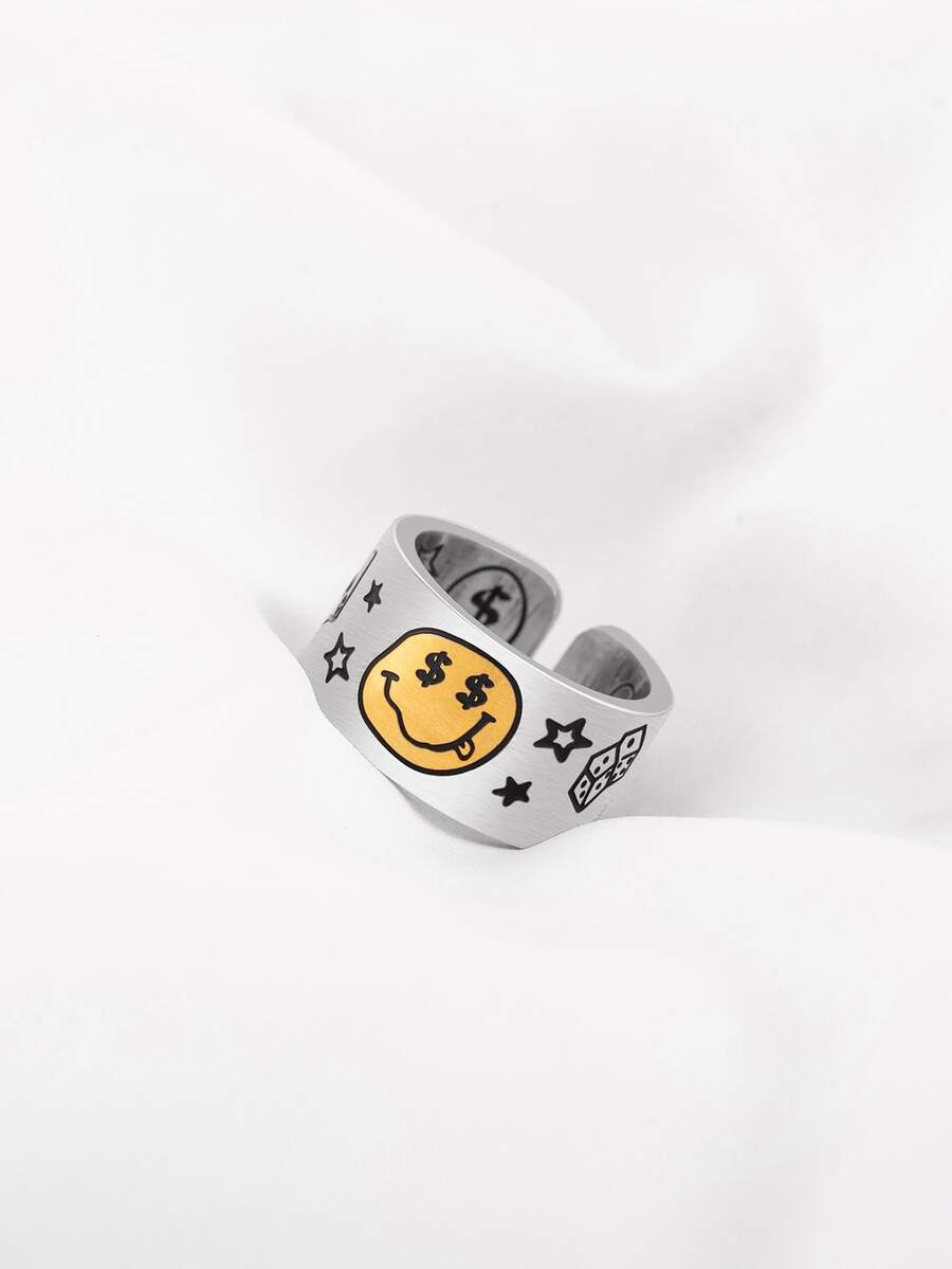 1pc Creative Fashionable Stainless Steel Graffiti Dice, Star & Emoji Design Open Wide Face Ring For Men Party Accessories - Purple - View 1
