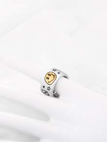 1pc Creative Fashionable Stainless Steel Graffiti Dice, Star & Emoji Design Open Wide Face Ring For Men Party Accessories - Purple - View 3