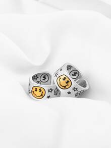 1pc Creative Fashionable Stainless Steel Graffiti Dice, Star & Emoji Design Open Wide Face Ring For Men Party Accessories - Purple - View 2
