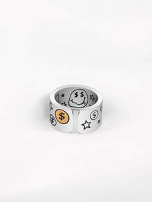 1pc Creative Fashionable Stainless Steel Graffiti Dice, Star & Emoji Design Open Wide Face Ring For Men Party Accessories - Purple - View 6