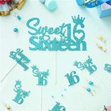 25入組16歲生日蛋糕裝飾,sweet 16生日蛋糕上層裝飾物,happy Birthday Sweet 16杯子蛋糕裝飾,適用於男孩女孩快樂16歲生日派對用品,藍綠色調 - 藍色 - 查看 4