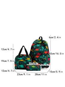3pcs/set Student Large Capacity Cartoon Dinosaur Backpack Crossbody Lunch Bag Pencil Bag Combination, Pattern Random - Green - View 2