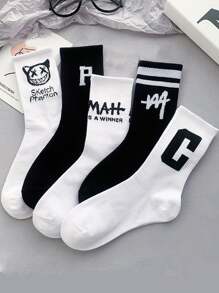 5pairs Men's Letter, Ghost & Stripe Pattern Mid-calf Socks - Black and White - View 1