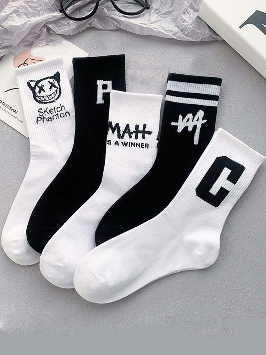 5pairs Men's Letter, Ghost & Stripe Pattern Mid-calf Socks - Black and White - View 1