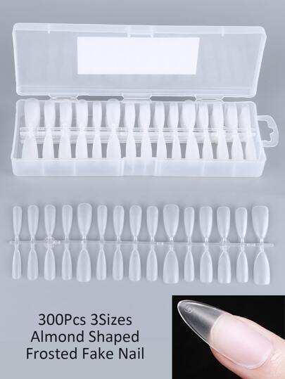 300入組假指甲,霧面杏仁形狀,全透明覆蓋式假壓克力指甲藝術貼,指甲練習美甲工具