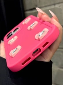 1pc Pink Bubbly Design Phone Case With 5 Pink Pleated Hearts, Compatible With Apple Iphone - Hot Pink - View 2