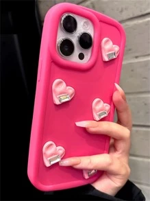1pc Pink Bubbly Design Phone Case With 5 Pink Pleated Hearts, Compatible With Apple Iphone - Hot Pink - View 1