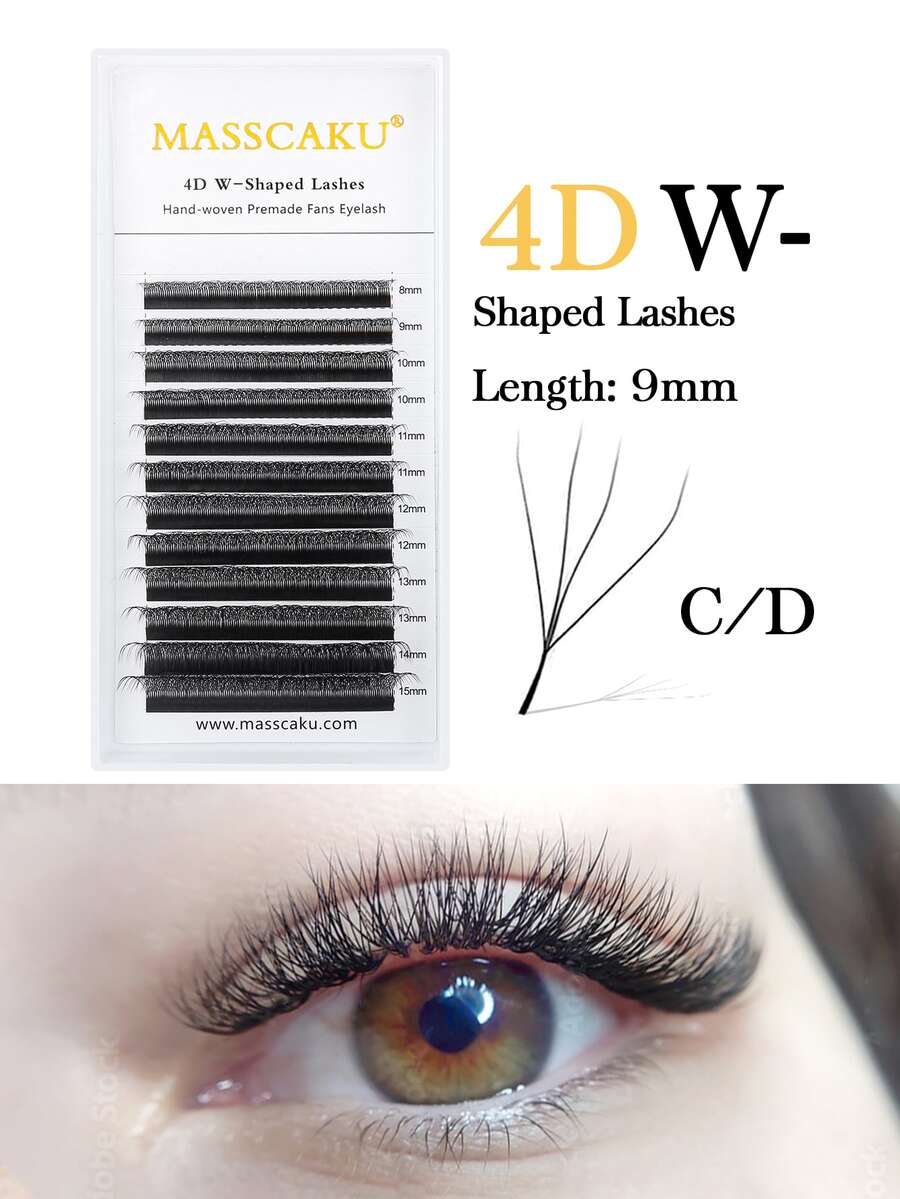 MASSCAKU 12 Líneas Pestañas En Forma De W Difuminadas Fácilmente, Abanicos De Volumen De Floración Completa De Pestañas 9mm 4d - Negro - Ver 1