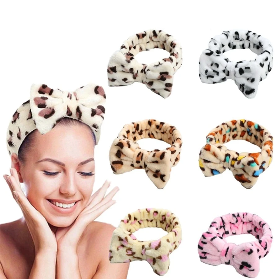 1 Băng đô thể thao bằng vải nỉ san hô họa tiết da báo dành cho nữ, có nơ và dây buộc bằng vải nhung, thích hợp sử dụng tại nhà khi giặt giũ và tắm rửa - 1 Bộ - Xem 1