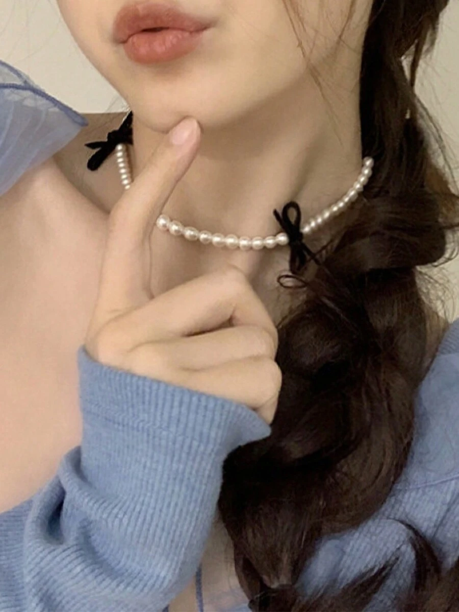 1 件优雅甜美毛绒蝴蝶结和人造珍珠装饰吊坠项链，适合女士情人节、妈妈、母亲、母亲节、礼物 - 白色 - 查看 1