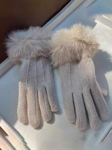 2 件冬季保暖内衬触屏手套，带心形图案 - 米色 - 查看 5