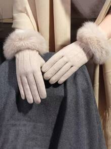 2 件冬季保暖内衬触屏手套，带心形图案 - 米色 - 查看 4