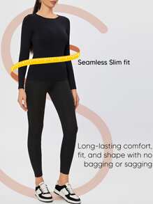 女款圓領長袖襯衫高彈性輕質打底純色修身上衣 - 黑色 - 查看 4