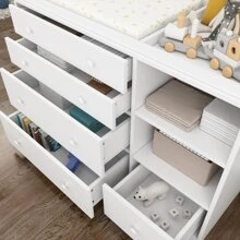 Large Modern Wood Nursery Storage Dresser Chest with Wide Table Top, 5 Drawers & 2 Shelves, Wide Storage Space Functional Organizer